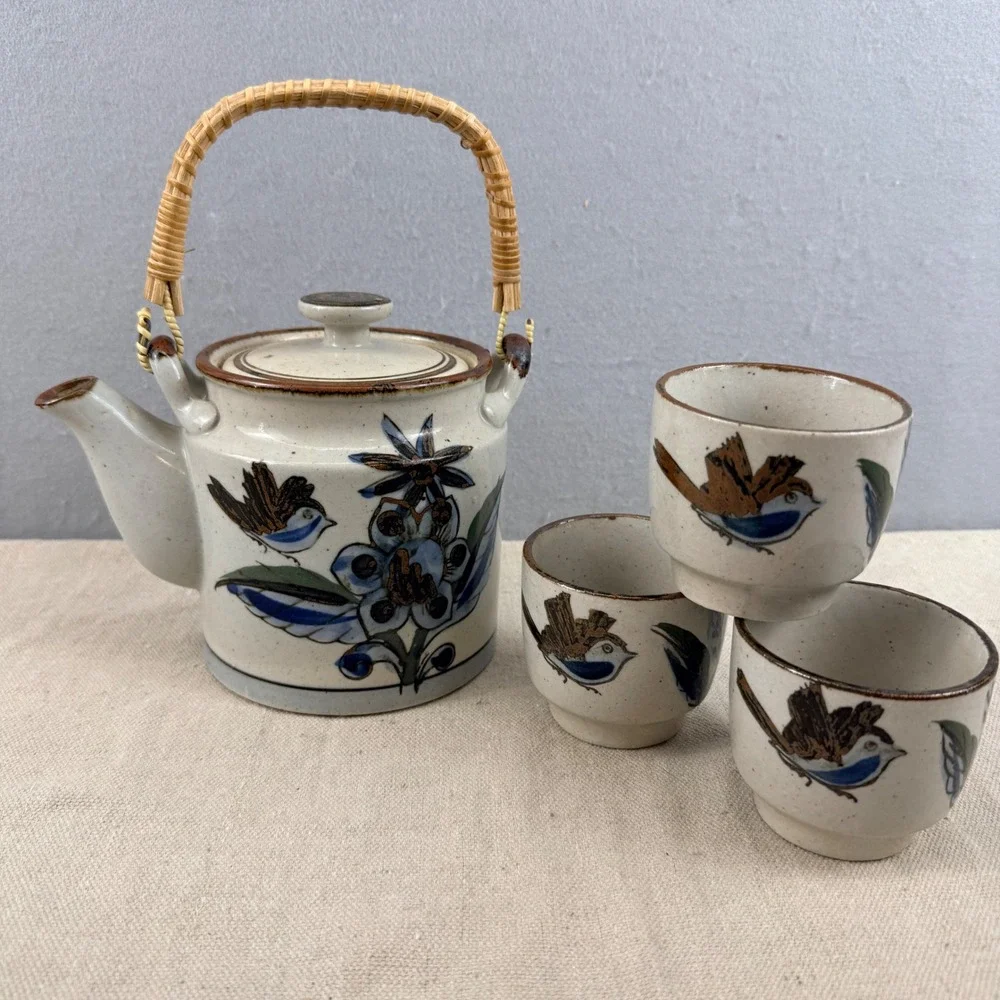 Vintage Tonala Mexican Pottery Tea Set Teapot 3 Cups Bird‎ Floral Burnished